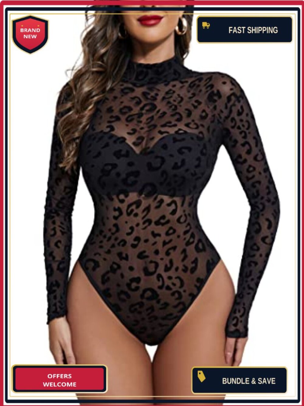 Women's Mesh Sheer Bodysuit Turtleneck Long Sleeve Leotard